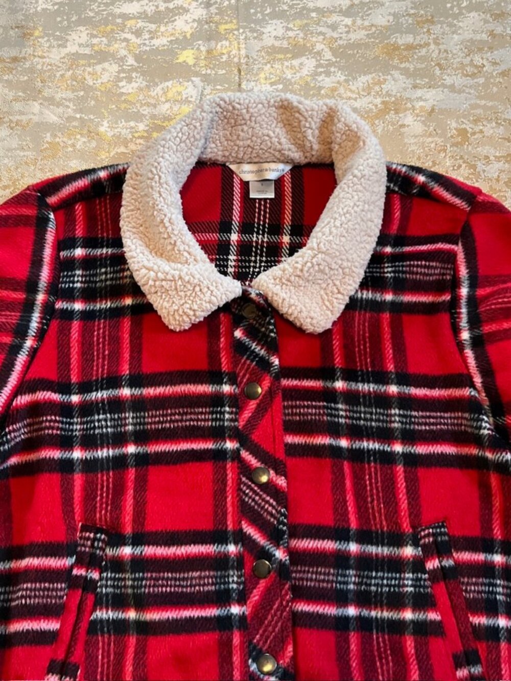 Christopher & Banks Fleece Jacket Womans Small Red Black Plaid Faux Fur Collar - Picture 4 of 15